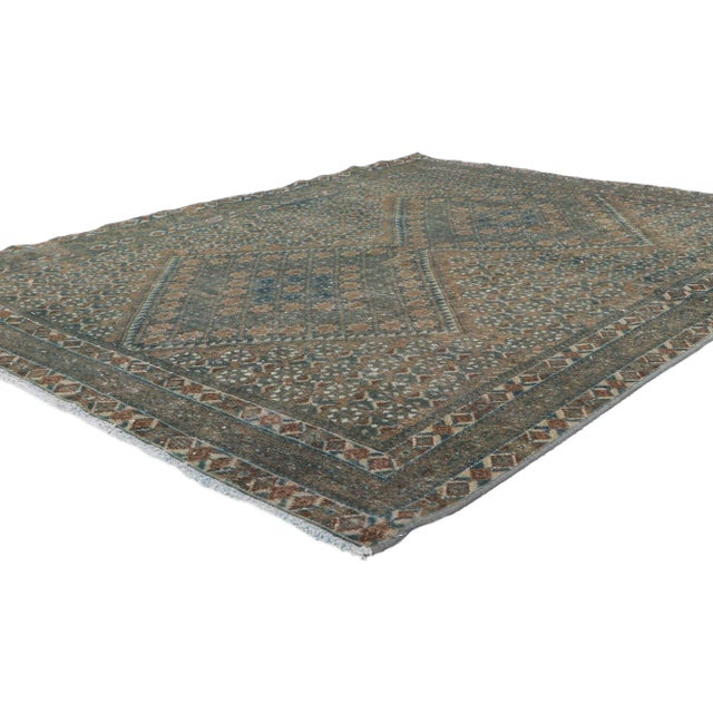 60963 distressed antique Persian Afshar rug, 05'00 x 06'02. Rendered in variegated shades of camel, cerulean, tan, Aegean,...