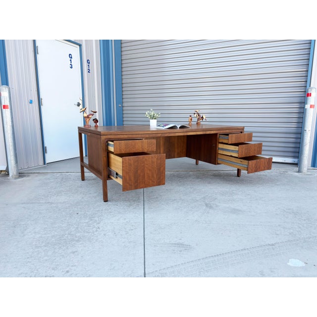1970s Mid Century Walnut and Burlwood Executive Desk by Hiebert For Sale - Image 5 of 17