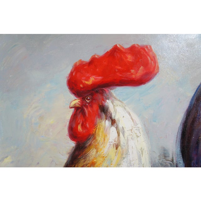 Early 20th Century Impressionist Country Farmhouse Rooster Portrait Oil Painting on Canvas For Sale - Image 5 of 13