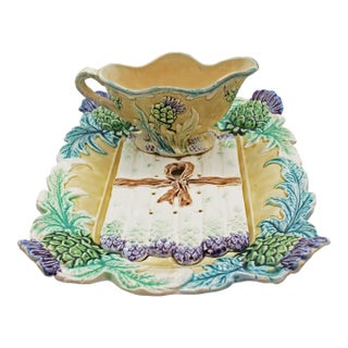 Circa 1900 French Majolica Asparagus Serving Tray With Drainer & Sauce Boat For Sale