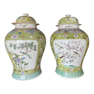 Mid 20th Century Hand-Painted Lidded Ginger Jars - a Pair For Sale