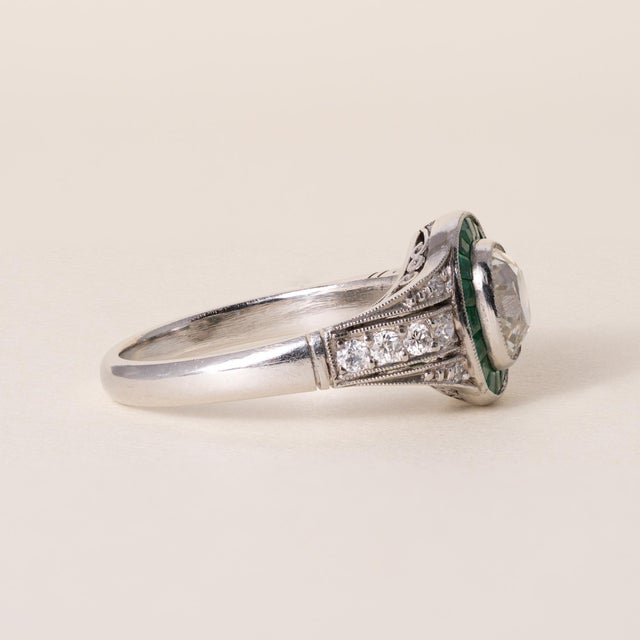 Art Deco Early 20th Century Art Deco Platinum 1.02 Old Mine Cut Cushion Diamond Emerald Halo Ring, Size 7 For Sale - Image 3 of 4