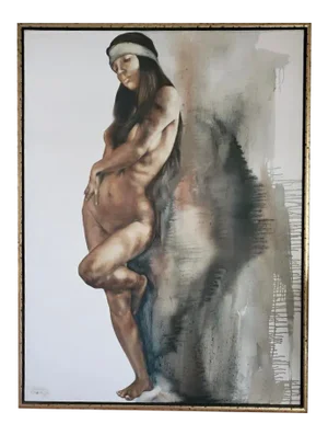 1970s Figurative Female Nude Portrait Oil Painting by Popo & Ruby Lee, Framed