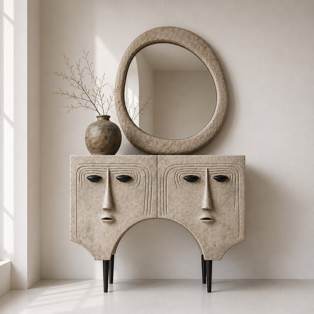 A one-of-a-kind sculptural console handcrafted as a functional work of art. Defined by its organic architectural...