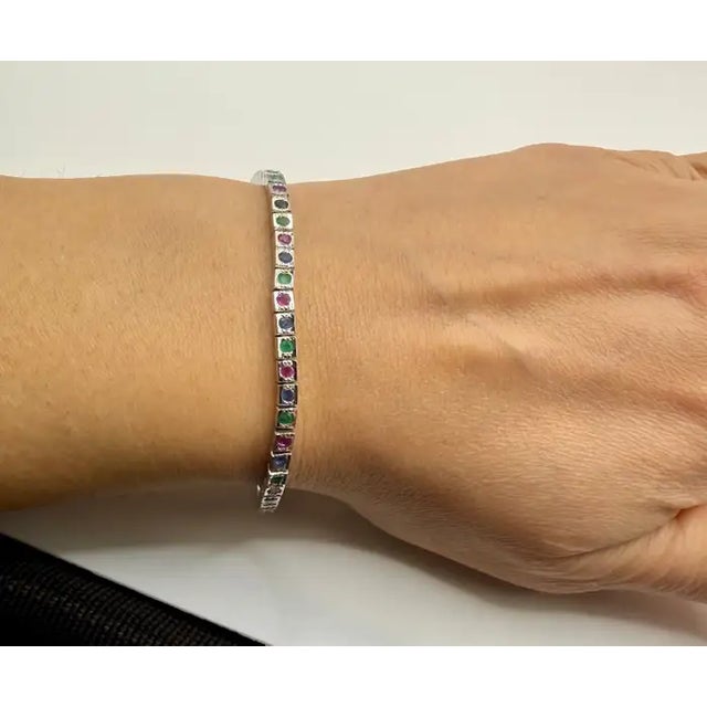 Art Deco Style Sterling Silver Ruby, Emerald & Sapphire Tennis Bracelet, 9 Ct For Sale - Image 9 of 14