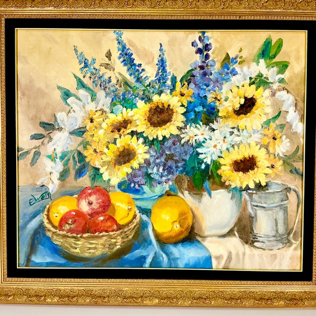 Mid-Century Impressionist Boho Chic Sunflower Still Life Original Oil Painting by American Edith Weir For Sale - Image 10 of 12