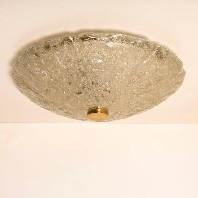 High quality modern thick textured ice glass flush mount, circa 1965. Each flush mount is featuring a huge round handmade...