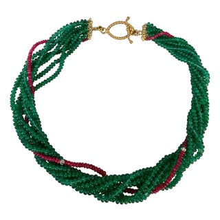 360 Carat Emerald, Burma Ruby and Diamond Beads Necklace 18 Karat Yellow Gold For Sale