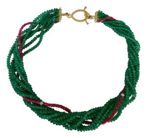360 Carat Emerald, Burma Ruby and Diamond Beads Necklace 18 Karat Yellow Gold