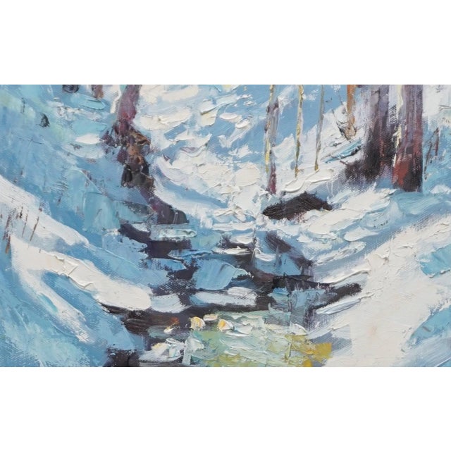 Impressionist Original Oil Landscape, a Winter Stream in the Woods For Sale - Image 3 of 5