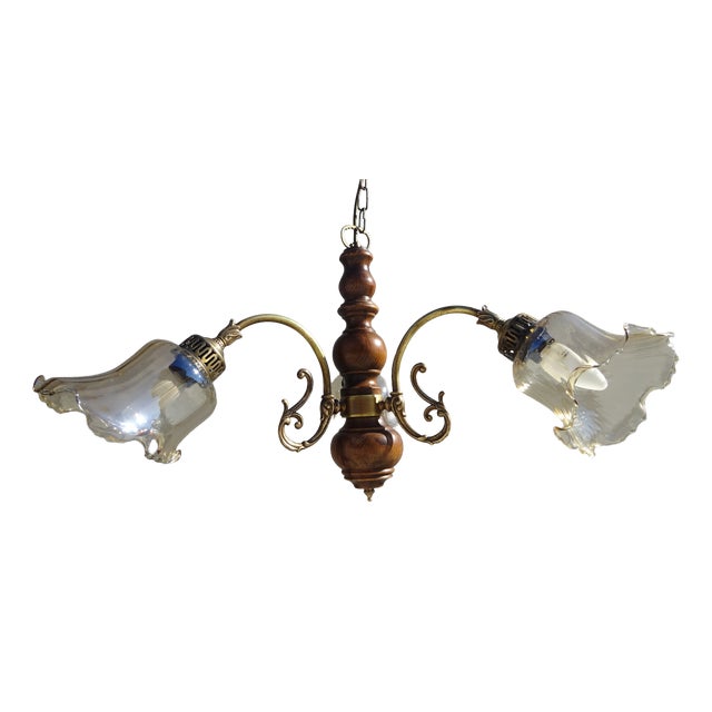 Three-Light Chandelier in Wood, Bronze and Glass, 1980s For Sale
