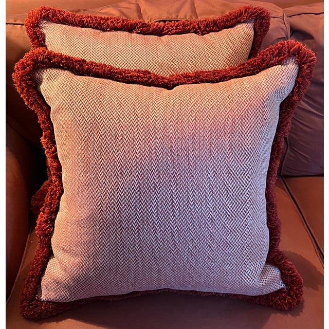 English Custom Red & White Woven Chevron Pillows With Passementerie Fringe Trim - A Pair For Sale - Image 3 of 10
