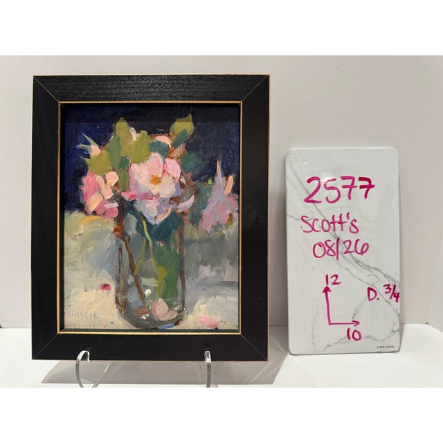 Textile Susan Grisell Signed Floral Still Life Oil Painting Flowers in Glass Vase Framed For Sale - Image 7 of 7