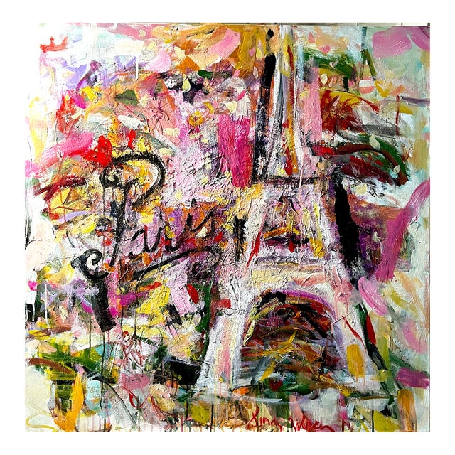 I Love Paris, an Original Acrylic Painting of the Iconic Eiffel Tower Through Abstraction With the Word Paris by Its Side!, Framed For Sale