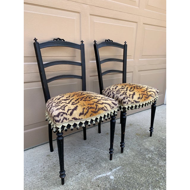 A Pair of Ebonized Opera Chairs in Tiger Upholstery For Sale In South Bend - Image 6 of 14
