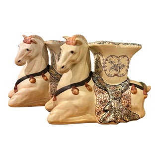 Early 20th Century Matched Pair of Chinoiserie Earthenware Tang Style Horse Garden Stools For Sale