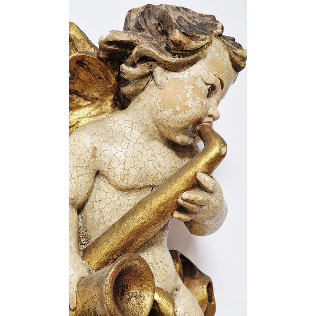 Winged Putto Playing the Wind Instrument Carved in Wood, Early 1900s For Sale - Image 15 of 17