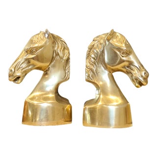 Solid Brass Horse Head Book Ends Vintage Mid Century Modern Pair Equestrian For Sale