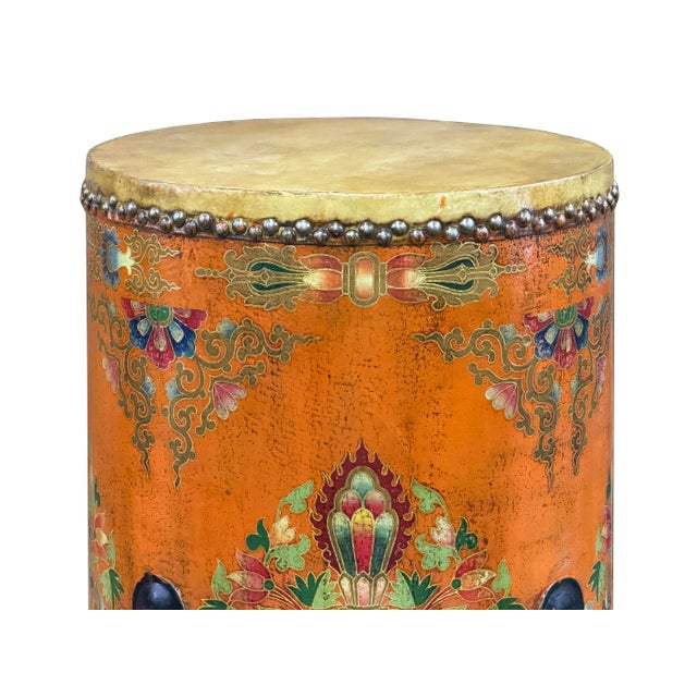 Distressed Light Orange Tibetan Style Jewel Symbol Round Drum Table For Sale In San Francisco - Image 6 of 10