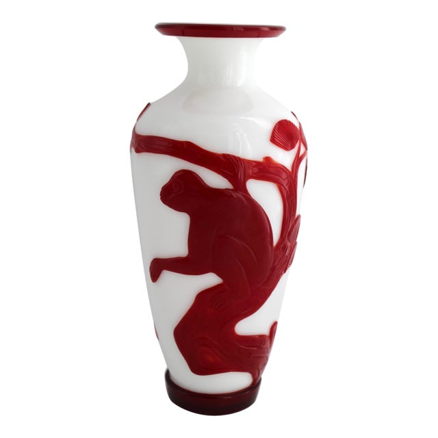 Antique Chinese Red & White Peking Glass Vase, Hand Carved Monkey, C1910 For Sale