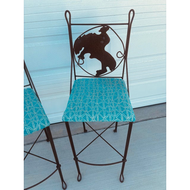 Pair of Hand Forged Teena Ironworks Metal Southwestern Style Bar Stools. Vintage 1990's, Steer Head and Cowboy Motif,...