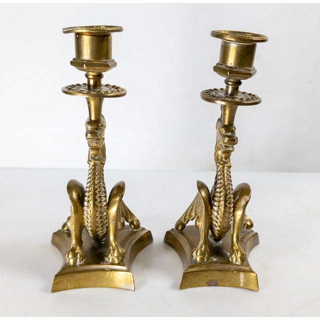 Metal 19th Century Victorian Pair of Brass Dragon or Griffin Form Candlesticks, Probably French For Sale - Image 7 of 10