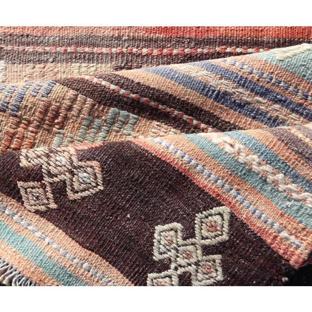 Mid 20th Century Vintage Turkish Kilim Runner in Geometric Design & Colorful Stripes 2'10 X 11'3 For Sale - Image 5 of 11