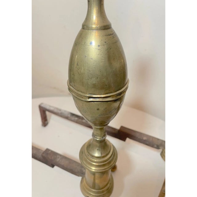 Pair of Antique 1700's Peened Brass Wrought Iron Federal Double Lemon Andirons For Sale - Image 14 of 14
