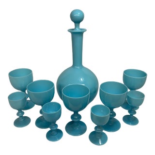 Antique French Portieux Vallerysthal Blue Opaline Glass Decanter & 9 Goblet Set For Sale