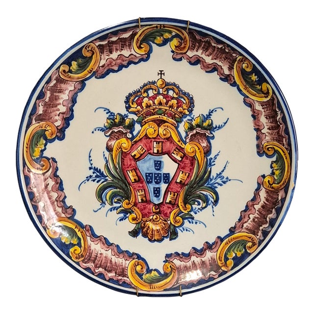 Vintage Faience F. Sant 'Anna Portugal Majolica Coat of Arms Wall Hanging Platter For Sale