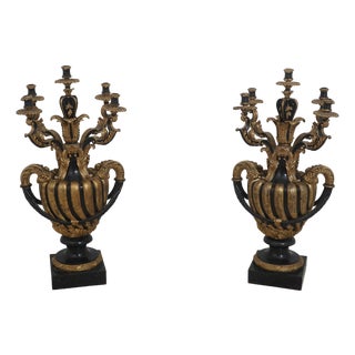 Pair Large Monumental Marble Base Candelabras For Sale