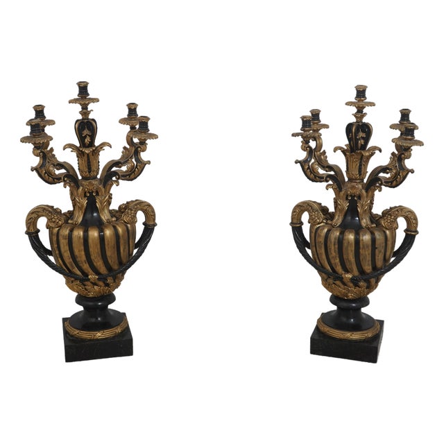 Pair Large Monumental Marble Base Candelabras For Sale