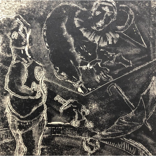 Circus linocut print with a seal, balancing act and bicycling acrobats. Signed illegibly lower right. Image: 5 x 6.5...