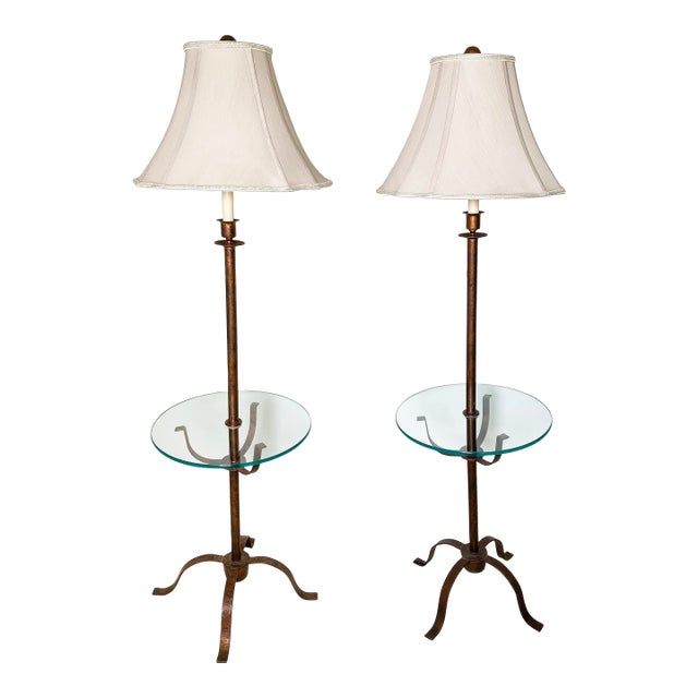 Pair of Hand-Forged Metal and Glass Tray Table Floor Lamps For Sale