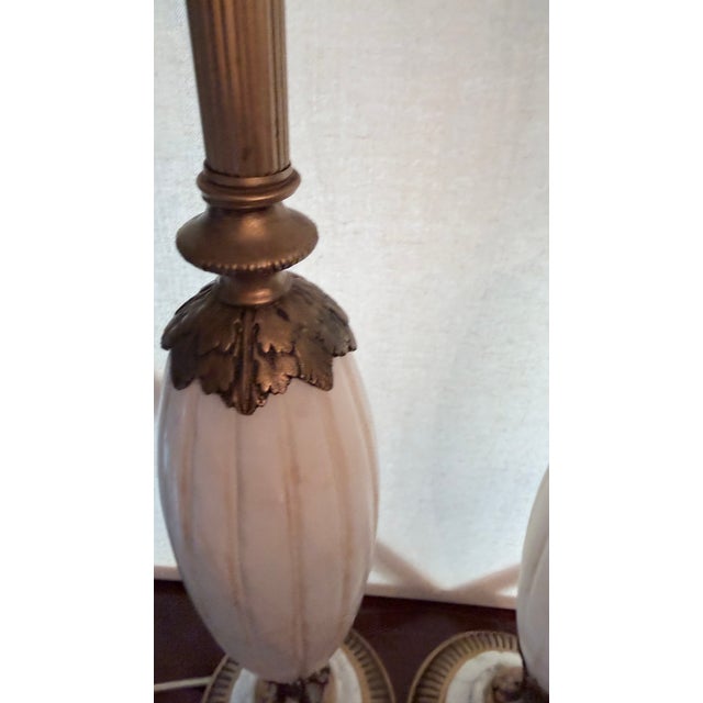 Vintage Mid-Century Modern Neoclassical Carved Alabaster & Brass Spindle Table Lamps - A Pair. For Sale - Image 9 of 18