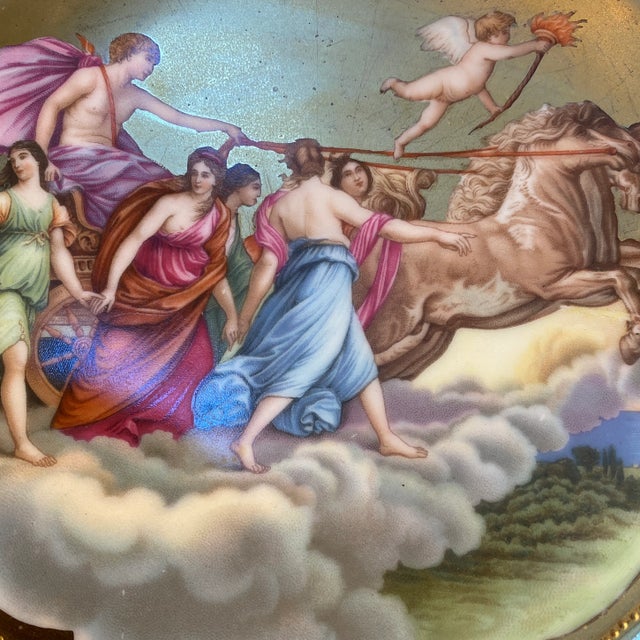 The porcelain plate with allegorical hand painted scene with all over gold background with beaded border. Maked on back...