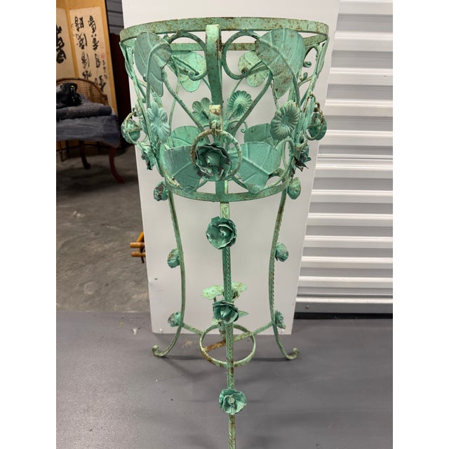 1970s Large Verdigris Wrought Iron Standing Planters With Decorative Dangling Rose and Leaf Motif, a Pair For Sale - Image 4 of 12