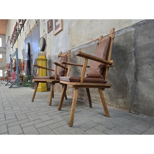Contemporary Vintage Rustic Oak Chairs with Leather Cushions, 1970s, Set of 2 For Sale - Image 3 of 18