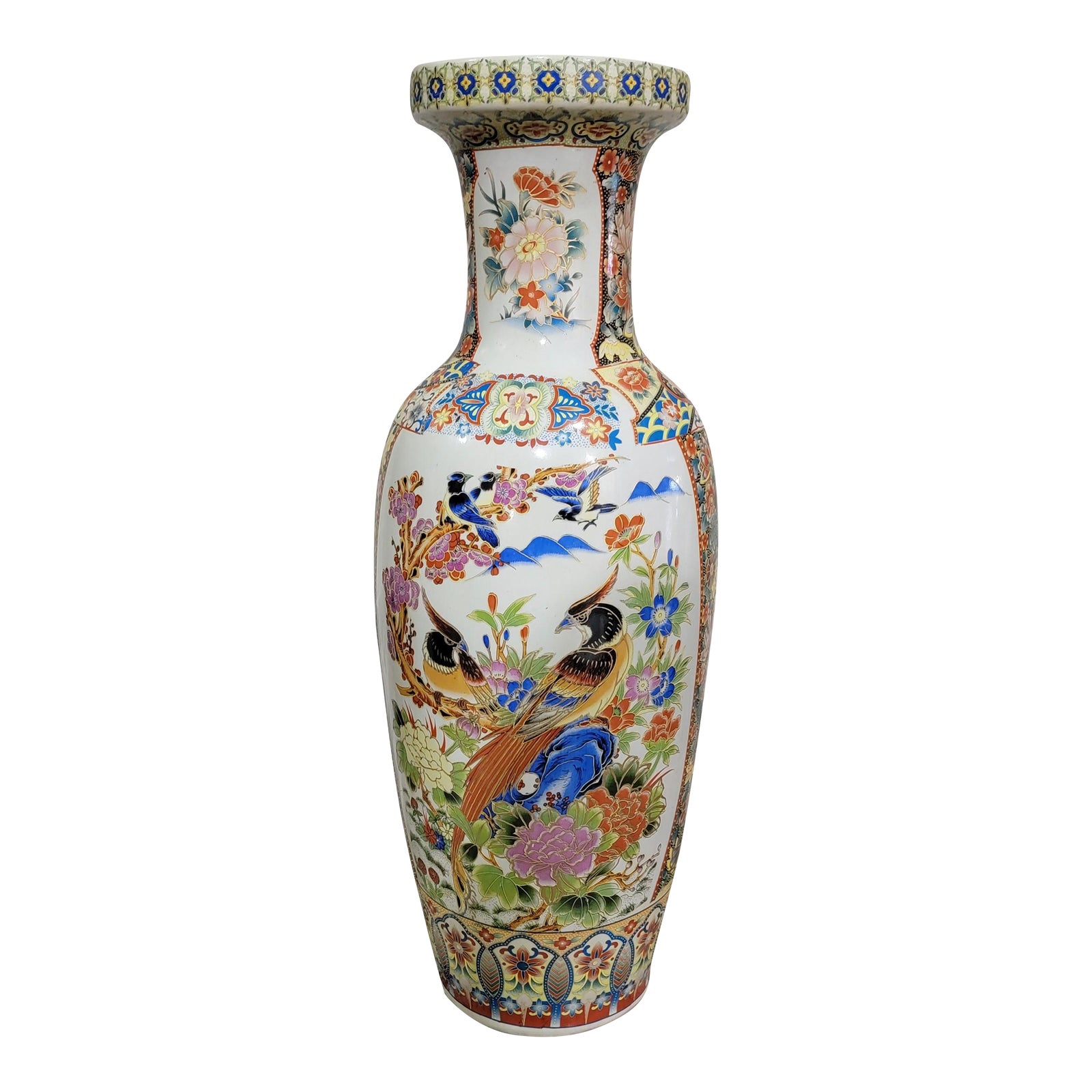 Vintage Japanese Porcelain Floor Vase With HandPainted Moriage and
