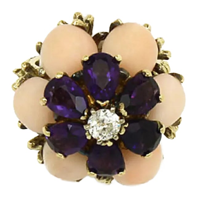 Coral Amethyst & Diamond 18k Yellow Gold Large Floral Ring - Size 8 For Sale
