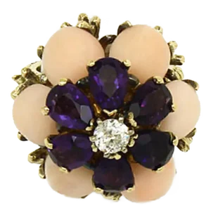 Coral Amethyst & Diamond 18k Yellow Gold Large Floral Ring - Size 8