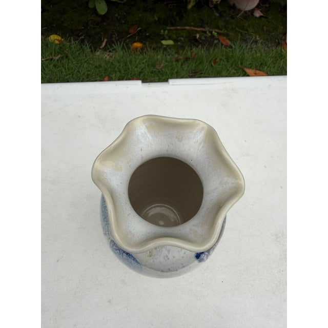 White Vintage 8” Studio Pottery Ruffled Rim Drip Glaze Art Vase For Sale - Image 8 of 11