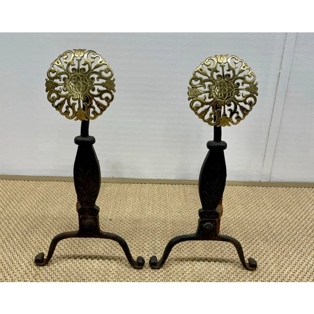 French French Sunburst Style Iron and Brass Andirons - a Pair For Sale - Image 3 of 5