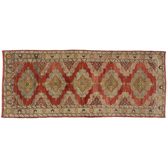 Vintage Turkish Oushak Gallery Rug with Jacobean Style, Wide Hallway Runner 04'11 x 11'11. This hand knotted wool vintage...