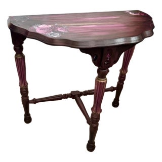 Late 20th Century Hand Painted Floral Demi-Lune Console Table in Burgundy and Blush For Sale
