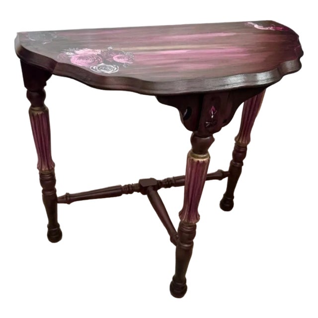 Late 20th Century Hand Painted Floral Demi-Lune Console Table in Burgundy and Blush For Sale