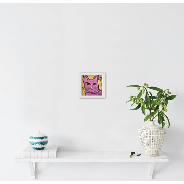 Modern Narratives Collection — “Pink Cat With Green Eyes” (6″×6″, Original Oil on Wood) For Sale - Image 16 of 18