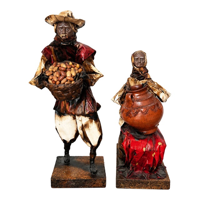 Late 20th Century Mexican Folk Art Papier-Mâché Market Figures With Basket and Jug — Pair For Sale