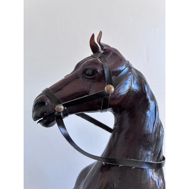 VIntage Handcrafted Leather Horse Statue With Brass Appointments For Sale - Image 9 of 14