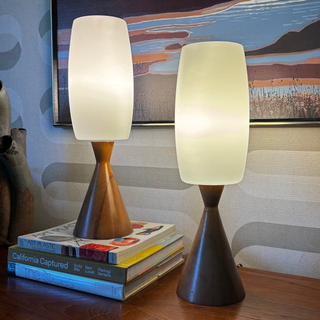 Mid 20th Century Mid Century Conical Wood and Glass Table Lamps - Set of 2 For Sale - Image 5 of 17